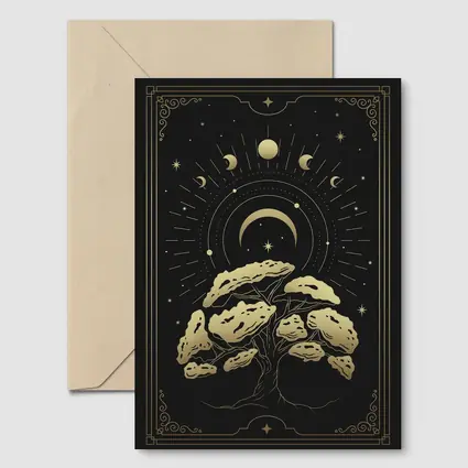 Gold Mystical Tree Moon Phases Black