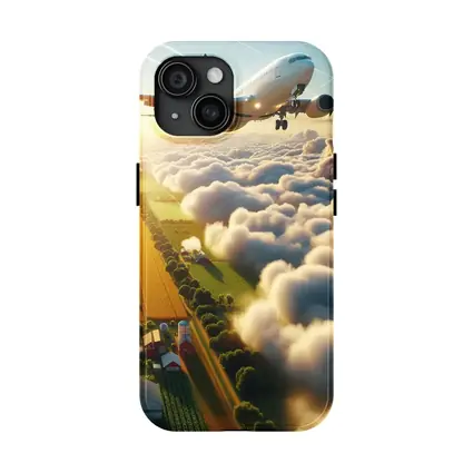 Commercial Airplane Flying Over Farmland Clouds