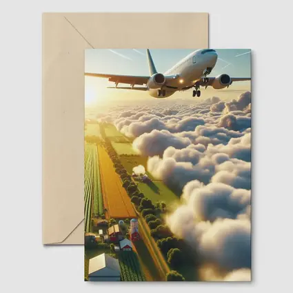 Commercial Airplane Flying Over Farmland Clouds