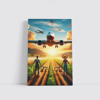 Airplane Flying Over Sunny Farm Fields