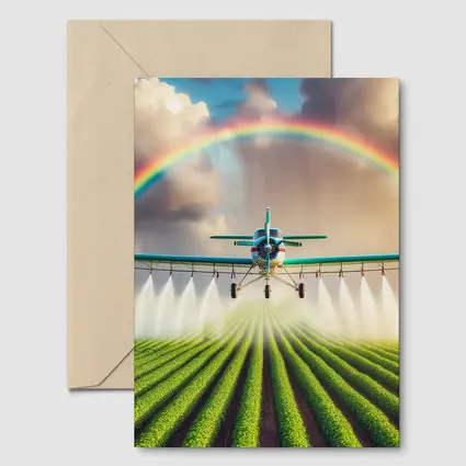 Crop Duster Plane Spraying Green Farm Rainbow