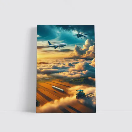 Airplanes Flying Over Golden Sunset Farmlands