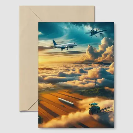 Airplanes Flying Over Golden Sunset Farmlands