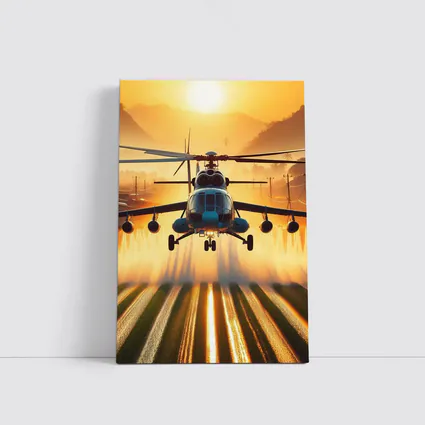 Military Helicopter Flying Over Fields Sunset