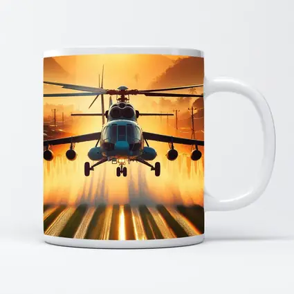 Military Helicopter Flying Over Fields Sunset