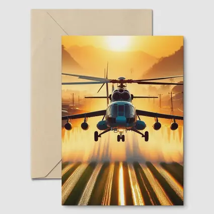 Military Helicopter Flying Over Fields Sunset