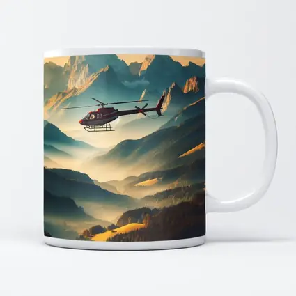 Red Helicopter Flying Over Alpine Mountain Valley