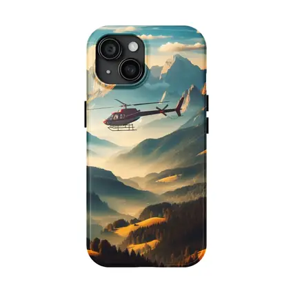 Red Helicopter Flying Over Alpine Mountain Valley