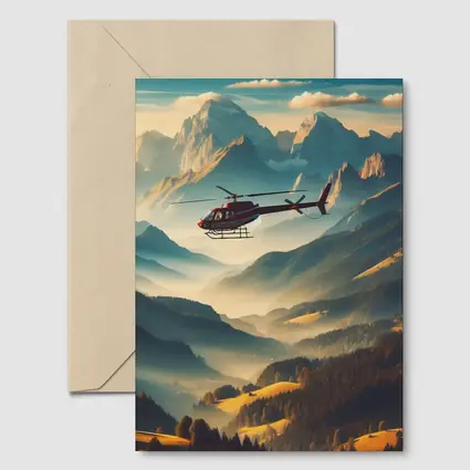 Red Helicopter Flying Over Alpine Mountain Valley