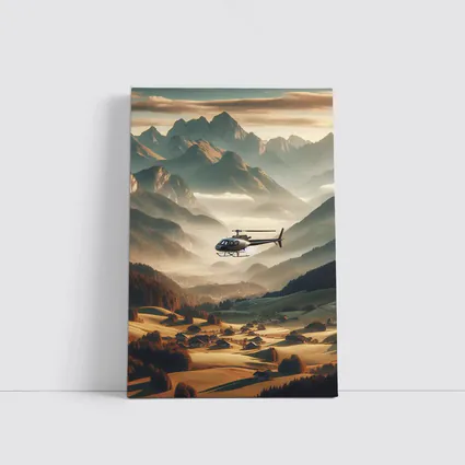 Helicopter Flying Over Alpine Mountain Valley