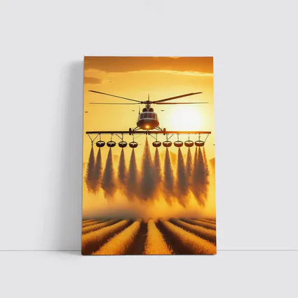 Agricultural Helicopter Spraying Fields Golden Sunset