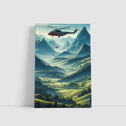 Red Helicopter Flying Over Mountain Valley