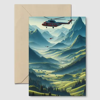 Red Helicopter Flying Over Mountain Valley