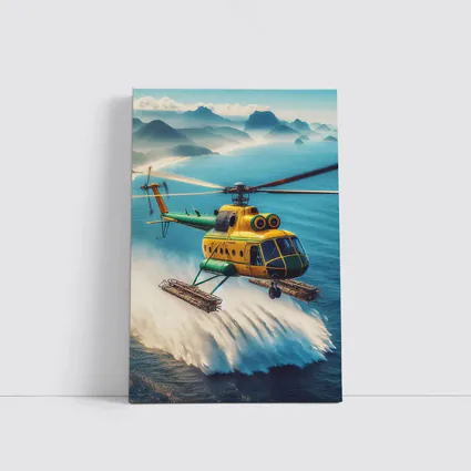 Yellow Green Helicopter Flying Over Ocean