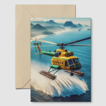 Yellow Green Helicopter Flying Over Ocean