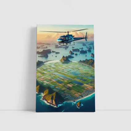 Helicopter Flying Over Coastal Island Fields