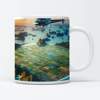 Helicopter Flying Over Coastal Island Fields