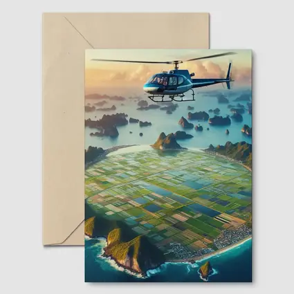 Helicopter Flying Over Coastal Island Fields
