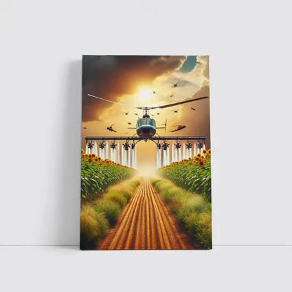 Helicopter Spraying Sunflower Fields Golden Sky