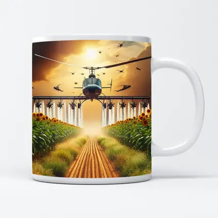 Helicopter Spraying Sunflower Fields Golden Sky