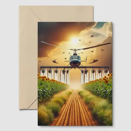 Helicopter Spraying Sunflower Fields Golden Sky