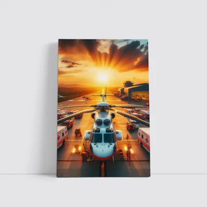 Medical Helicopter Airport Tarmac Sunset Scene