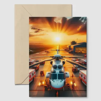Medical Helicopter Airport Tarmac Sunset Scene