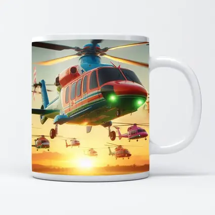 Colorful Helicopters Flying Over Sunset Field