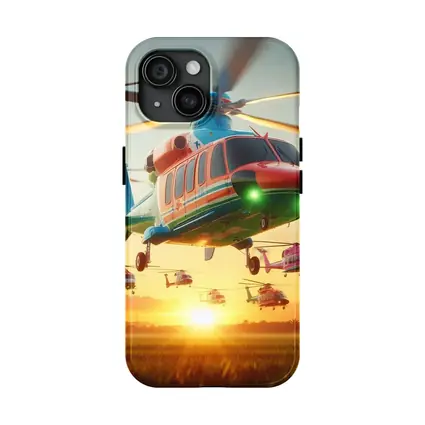 Colorful Helicopters Flying Over Sunset Field