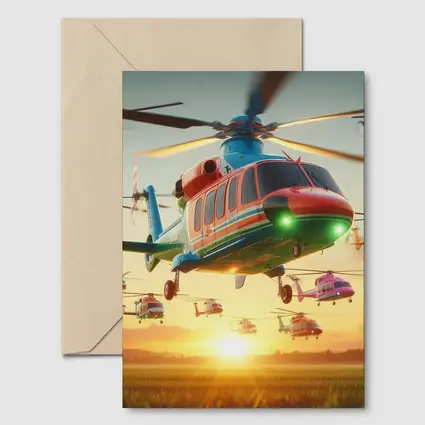 Colorful Helicopters Flying Over Sunset Field