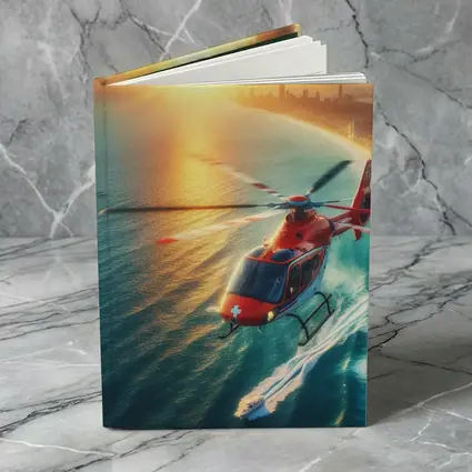 Red Rescue Helicopter Flying Over Coastal Sunset