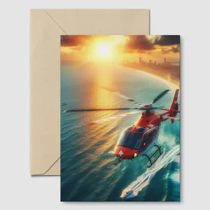 Red Rescue Helicopter Flying Over Coastal Sunset