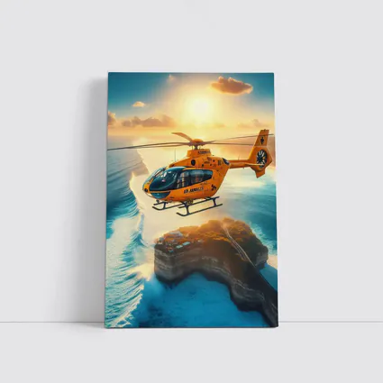 Orange Helicopter Flying Over Coastal Island Sunset