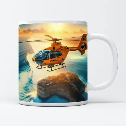 Orange Helicopter Flying Over Coastal Island Sunset