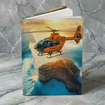 Orange Helicopter Flying Over Coastal Island Sunset