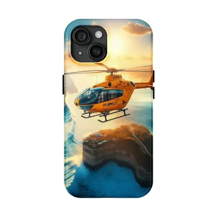 Orange Helicopter Flying Over Coastal Island Sunset