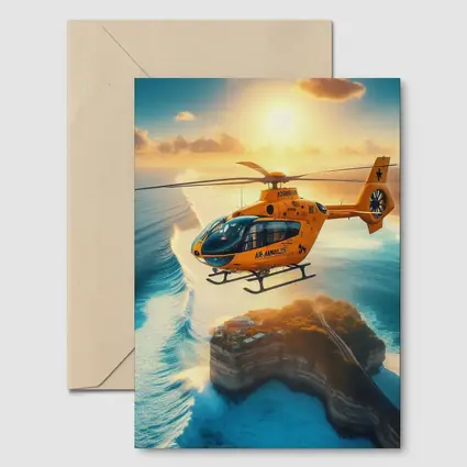 Orange Helicopter Flying Over Coastal Island Sunset
