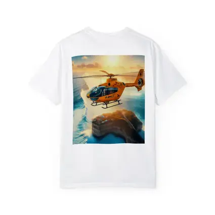 Orange Helicopter Flying Over Coastal Island Sunset