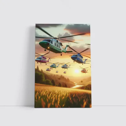 Colorful Helicopters Flying Over Sunset Fields