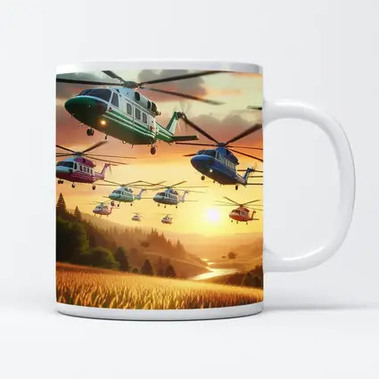 Colorful Helicopters Flying Over Sunset Fields