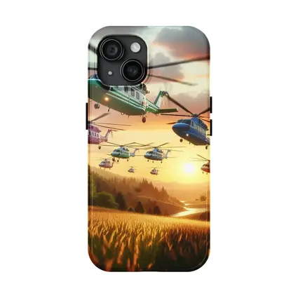 Colorful Helicopters Flying Over Sunset Fields