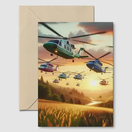 Colorful Helicopters Flying Over Sunset Fields