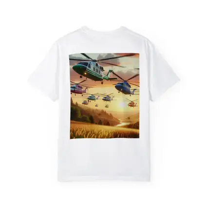 Colorful Helicopters Flying Over Sunset Fields