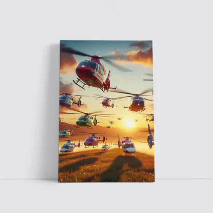 Many Helicopters Flying Over Sunset Field