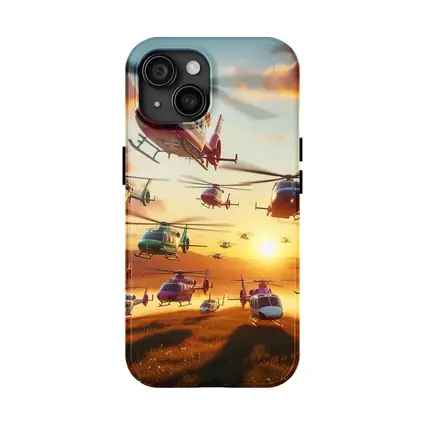 Many Helicopters Flying Over Sunset Field