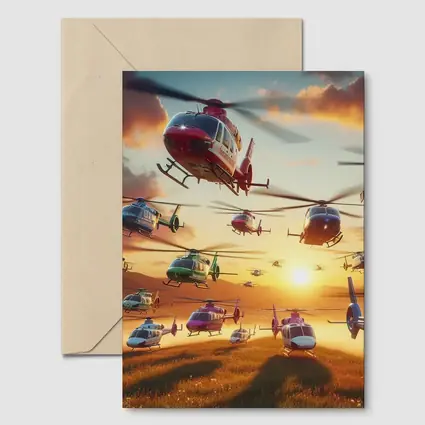 Many Helicopters Flying Over Sunset Field