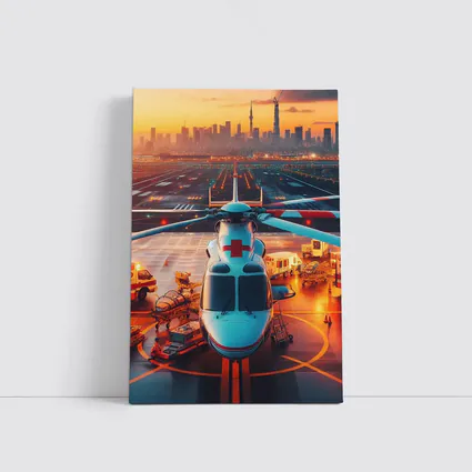 Medical Helicopter On Runway City Sunset