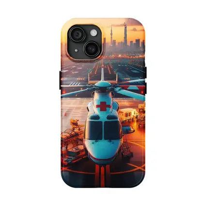 Medical Helicopter On Runway City Sunset
