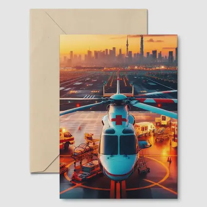 Medical Helicopter On Runway City Sunset