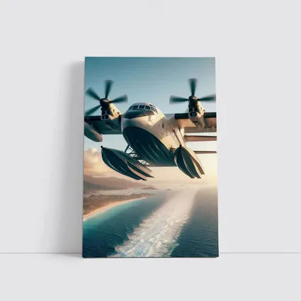 Futuristic Seaplane Flying Over Coastal Waters